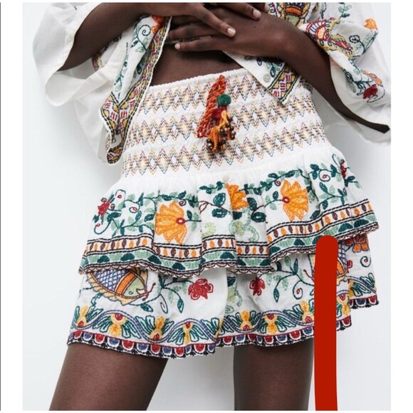 Zara Floral Embroidered Ruffle Mini Skirt with Tassels - Picture 1 of 5